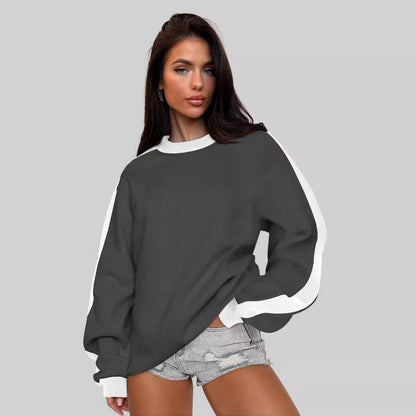 Women's Contrast Color Round Neck Loose Sweater Long-sleeved Top