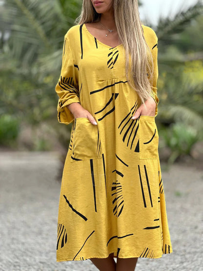 Fashion Printed V Neck Long Sleeve Dress