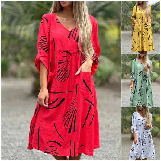 Fashion Printed V Neck Long Sleeve Dress