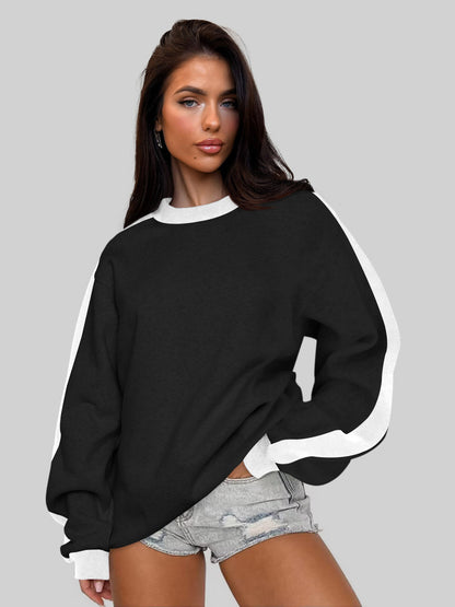 Women's Contrast Color Round Neck Loose Sweater Long-sleeved Top