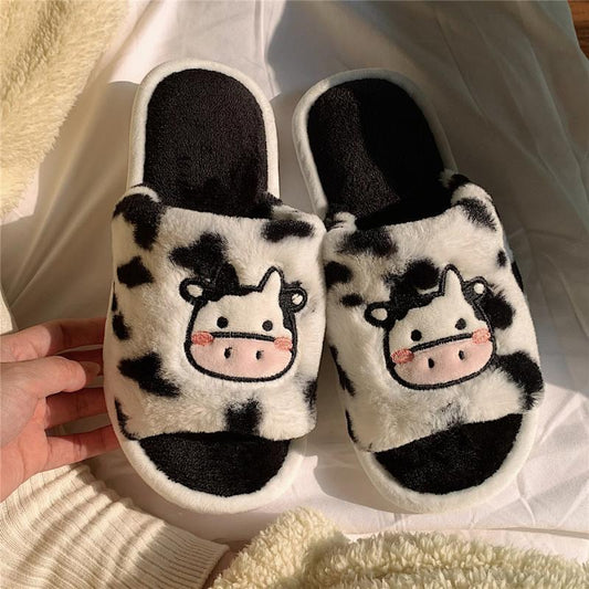 Cute Cartoon Student Plush Cow Cotton Slippers