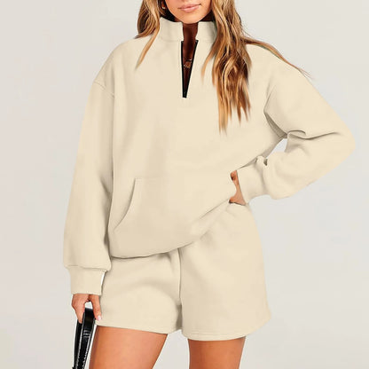 Women's Fashion Long Sleeve Sweater Shorts Suit