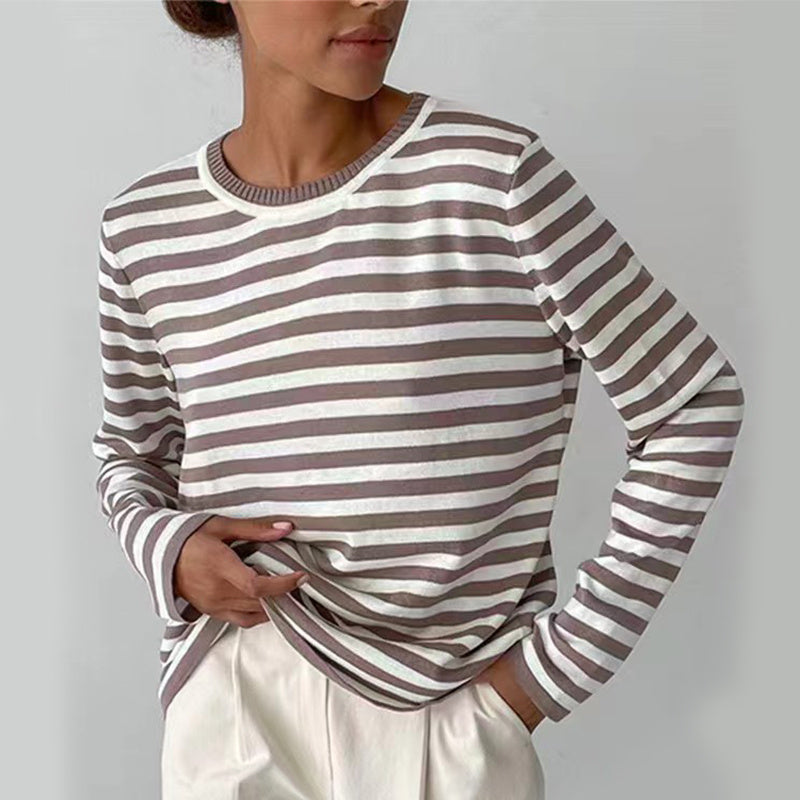 New Knitted Striped Long Sleeved Sweater Versatile Pullover Tops Womens Clothing