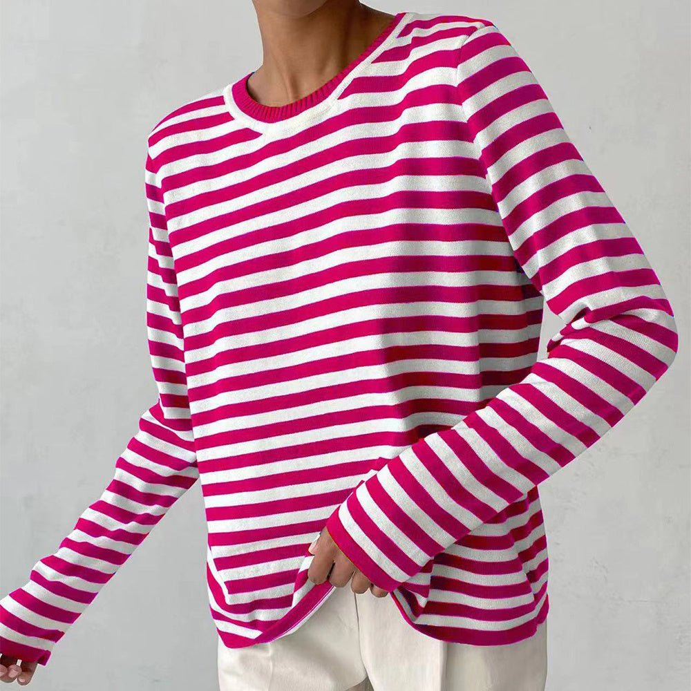 New Knitted Striped Long Sleeved Sweater Versatile Pullover Tops Womens Clothing