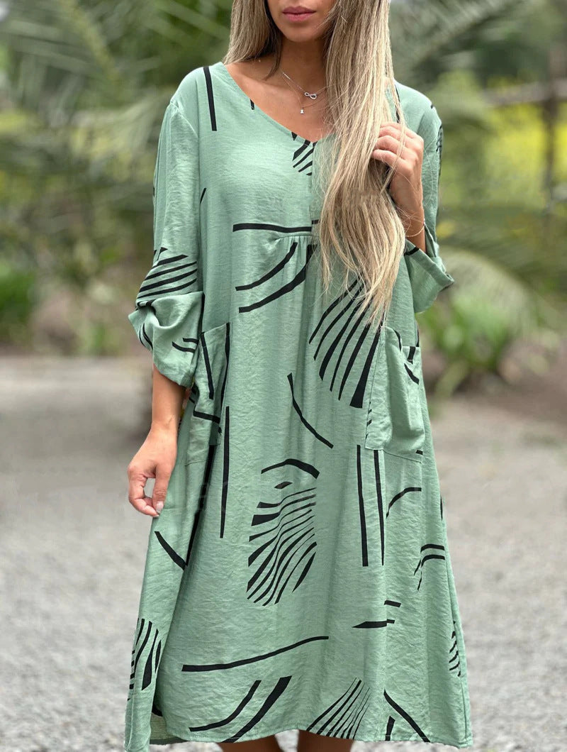 Fashion Printed V Neck Long Sleeve Dress