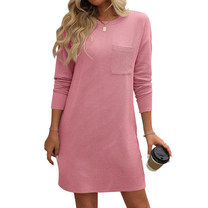 New Solid Color Striped With Pockets Long Sleeve Dress Fashion