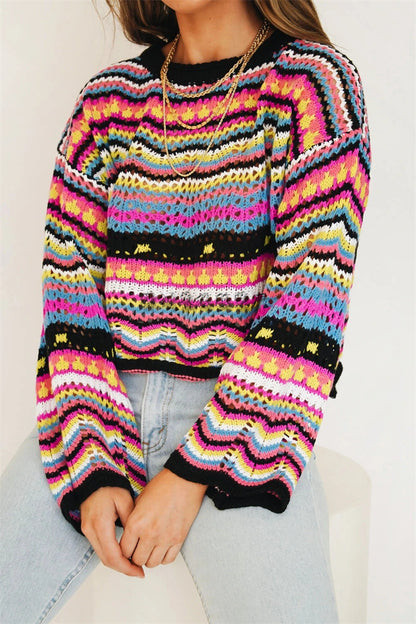 Stitching Sweater Loose Inter-color Rainbow Round Neck Striped Women