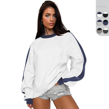 Women's Contrast Color Round Neck Loose Sweater Long-sleeved Top