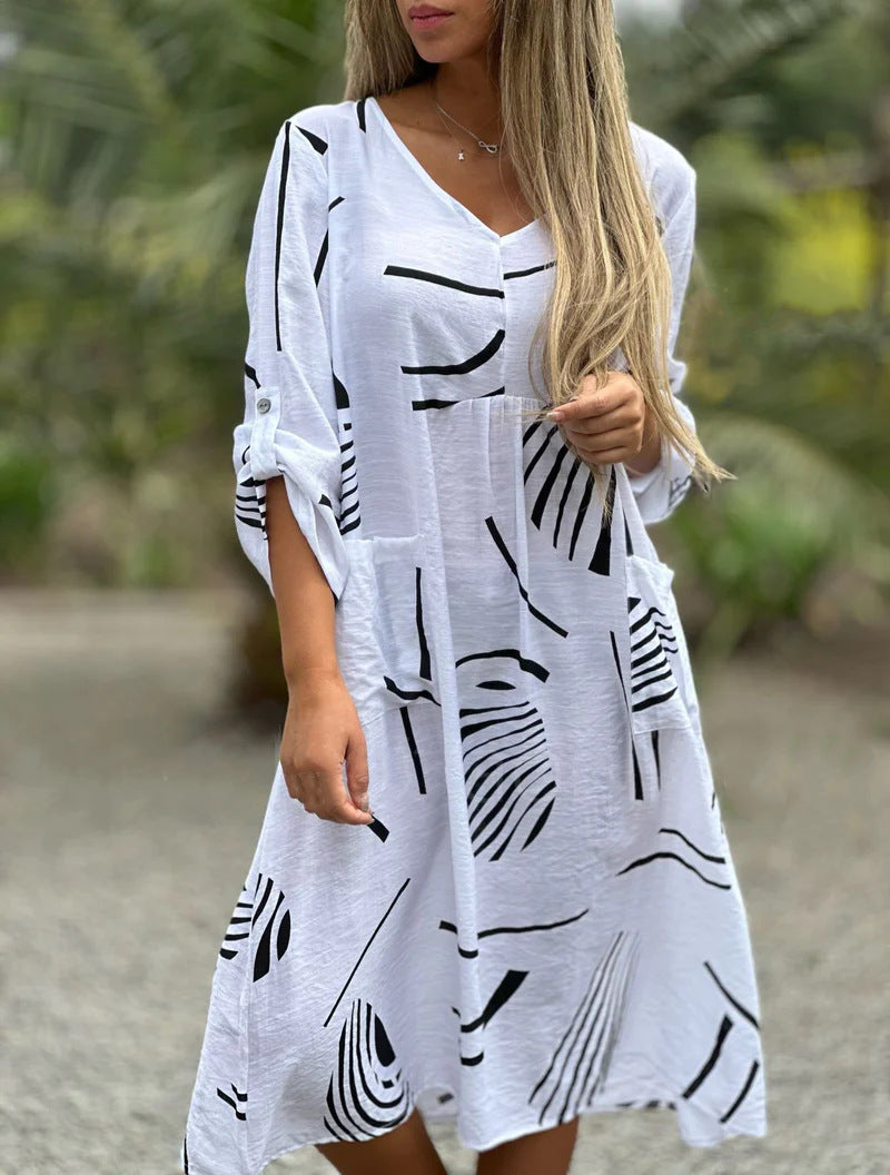 Fashion Printed V Neck Long Sleeve Dress