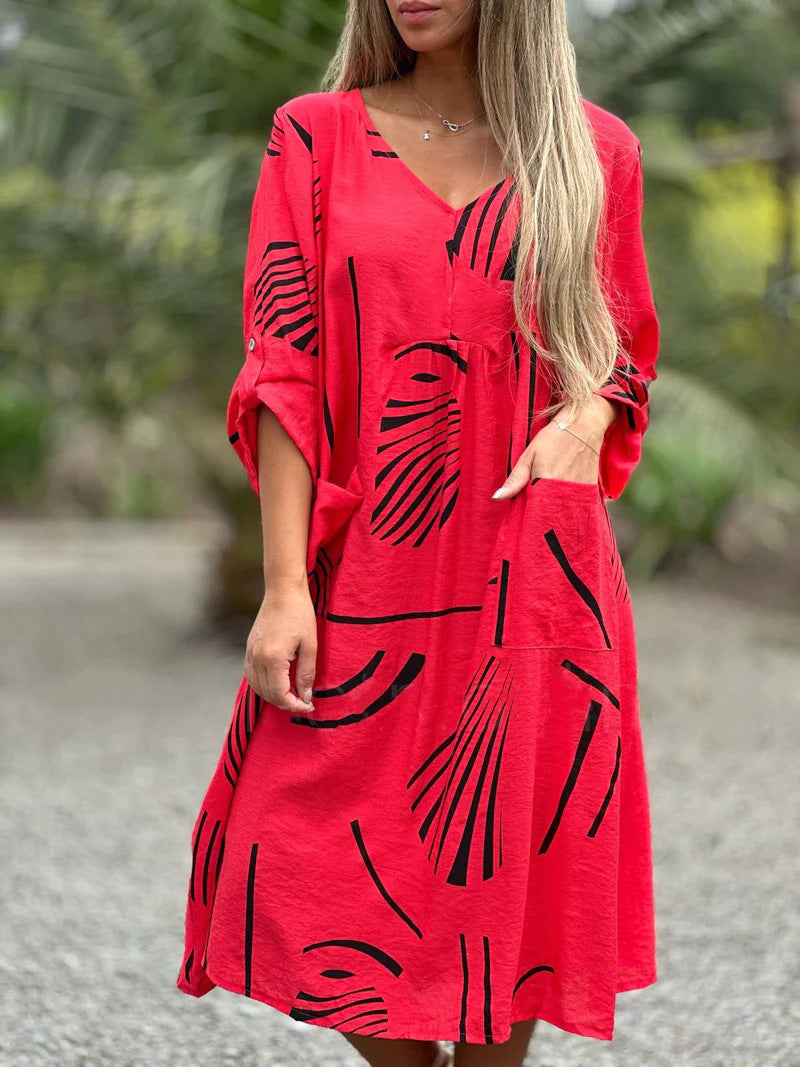 Fashion Printed V Neck Long Sleeve Dress