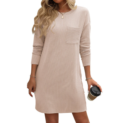 New Solid Color Striped With Pockets Long Sleeve Dress Fashion