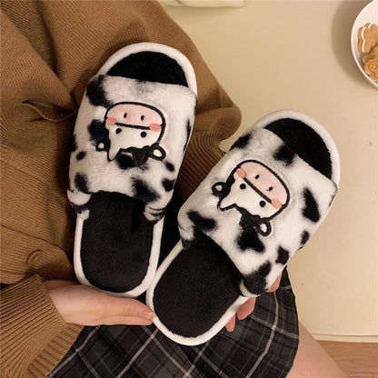 Cute Cartoon Student Plush Cow Cotton Slippers