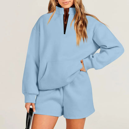 Women's Fashion Long Sleeve Sweater Shorts Suit