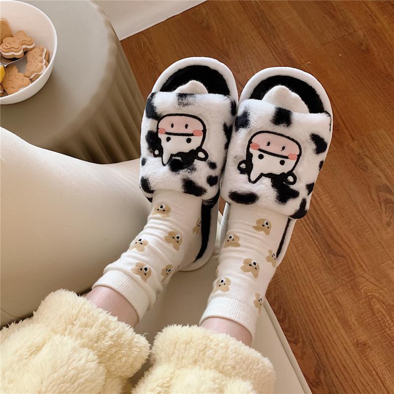 Cute Cartoon Student Plush Cow Cotton Slippers