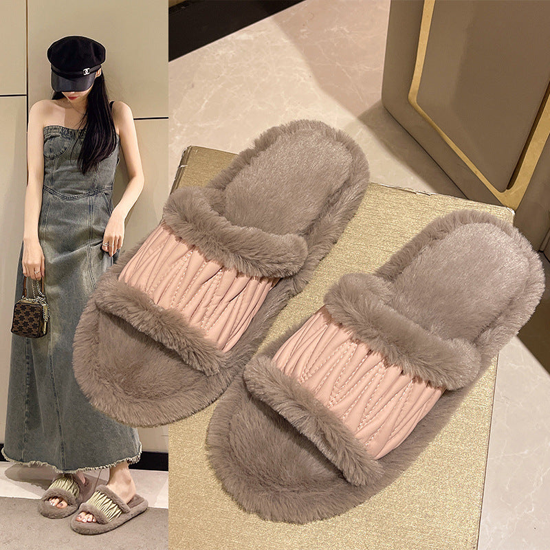 PU Leather Open Slippers For Women Plush Cotton Slippers